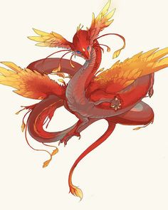 a red dragon with yellow wings flying through the air