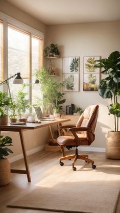 a room with a desk, chair and plants on the windowsills in it