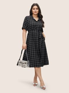 Plaid Belted Shirt Collar Cuffed Sleeve Dress Business Attire Dress, Cuffed Sleeve Dress, Simple Dress Styles, Bloomchic Dresses, Wife Fashion, Big Size Dress, Wardrobe Wishlist, Cuffed Sleeve, Trendy Dress