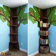 two pictures of a bookshelf with a tree painted on the wall