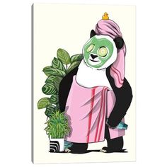 a panda bear wearing a pink dress and holding a potted plant in front of a white wall