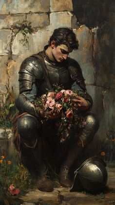 a painting of a man in armor with flowers on his knee, holding a bouquet