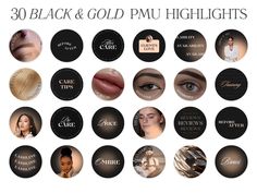 the 30 black and gold pmu highlights are shown in different sizes, shapes, and colors