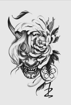 a black and white drawing of a demon with flowers on it's head, holding a