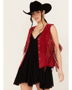 Solid red design. Concho snap placket. Sleeveless. Fringe accents on sides. Suede fabrication. Imported. Fringe Vest Outfit, Suede Vest Outfit, Fringed Vest Outfit, Tshirt Dress Outfit, Red Fringe, Vest Outfit, Fringe Vest, Suede Vest, Solid Red