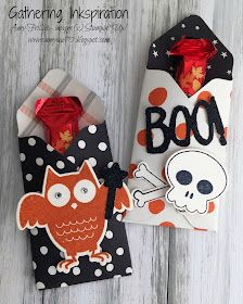 two halloween treat bags decorated with black and white polka dots, an orange owl and a skull