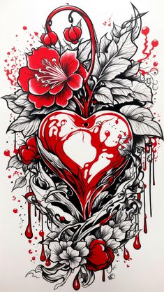 a drawing of a heart with flowers and leaves on it, surrounded by blood drops