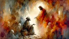 painting of jesus coming from the cave with his hands out to another man who is kneeling down in front of him