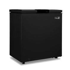 a black refrigerator freezer sitting on top of a white floor