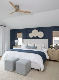 a bedroom with blue walls and white bedding, two stools on either side of the bed