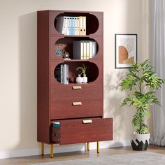 a tall bookcase with drawers in front of a potted plant on the floor