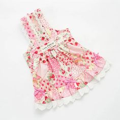 Strawberry Patchwork Dog Dress in pink Cute Summer Dress With Lace Patchwork, Cute Sleeveless Dresses With Lace Patchwork, Sweet Gingham Cotton Dress, Playful Doll Collar Summer Dress, Sweet Gingham Dress With Ruffles, Playful Summer Dress With Doll Collar, Playful Summer Dress With Lace Trim, Cotton Lace Trim Dress For Picnic, Sweet Cotton Dress With Doll Collar