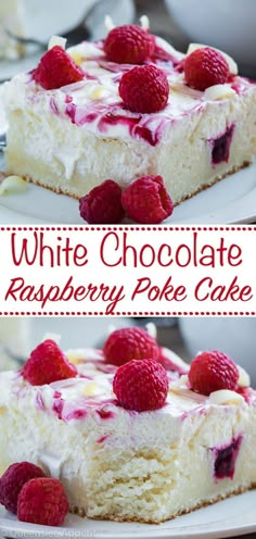 white chocolate raspberry poke cake on a plate