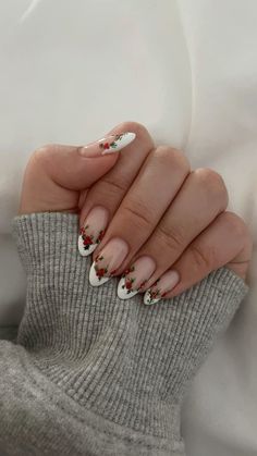 Christmas holly berry and leaves almond french tip nails Holly Berry French Nails, French And White Nails, Christmas Nails Short Almond Shape, Almond French Tip Christmas Nails, Christmas Acrilycs Nails, Nail Inspo Almond Valentines, Simple Almond French Tip Nails, French Tips With Christmas Design, Christmas Berry Nails