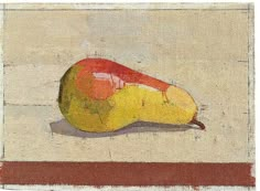 a painting of a yellow pear on a brown and white floor with a red stripe