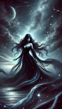 a woman with long hair standing in the water under stars and moon filled night sky