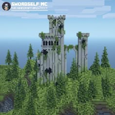 an image of a minecraft castle in the middle of some trees and bushes on top of a hill