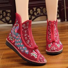 Flat-bottomed Spring and Summer Single-boot Ethnic Embroidered Shoes Traditional Embroidered Boots For Spring, Casual Boots With Floral Embroidery And Round Toe, Bohemian Boots With Flat Heel For Festival, Embroidered Red Boots With Round Toe, Red Embroidered Boots With Round Toe, Bohemian Embroidered Boots With Round Toe, Embroidered Closed Toe Winter Boots, Bohemian Embroidered Round Toe Boots, Traditional Boots With Floral Embroidery And Round Toe