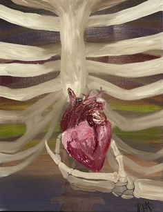 a painting of a human heart in the middle of a skeleton's rib cage