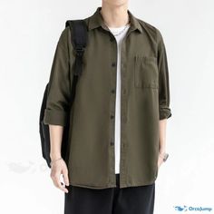 OrcaJump - Urban Minimalist Retro Long Sleeve Cotton Workwear Shirt - Solid Color Outer Jacket Winter Solid Shirt With Pockets, Spring Outdoor Long Sleeve Shirt, Casual Plain Outerwear For Streetwear, Casual Solid Color Long Sleeve Outerwear, Casual Solid Color Winter Shirt, Casual Solid Shirt For Winter, Casual Plain Outerwear For Work, Khaki Casual Shirt For Fall, Casual Solid Shirt For Fall