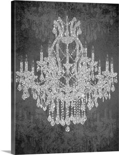 a black and white photo of a large crystal chandelier on a dark background