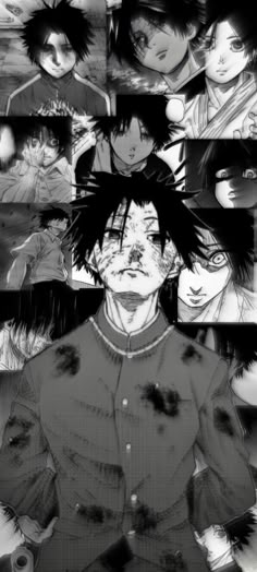 anime character collages with different expressions in black and white, including one man's face