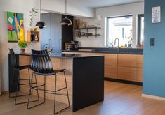 a kitchen with blue walls and wooden floors