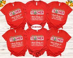 six red teacher shirts with different sayings on the front and back, sitting next to each other