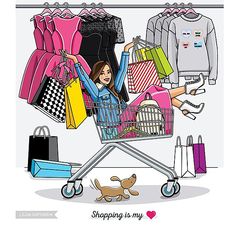 a woman with shopping bags is pushing a shopping cart full of clothes and other items