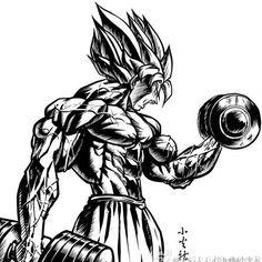 a black and white drawing of a dragon lifting a barbell with his arm in the air