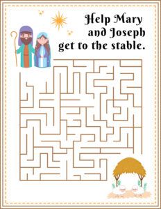 a christmas maze with an image of two people and the text help mary and joseph get to the stable