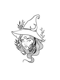 a black and white drawing of a woman wearing a witches hat with leaves on her head