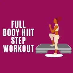 a woman standing on top of a bed with the words full body hit step workout