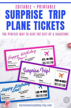 two pink and blue airline tickets with the words surprise trip plane tickets on them,