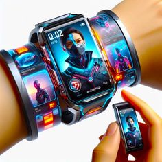 a person holding a smart phone next to two wrist watches on their arm, with the screen showing an image of a woman wearing a mask