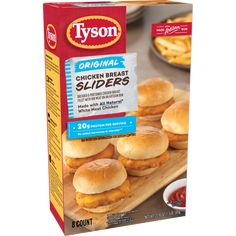 Tyson Sliders, Chicken Breast, Original, 8Ct Our breaded, all-natural white-meat chicken sandwich on an artisan bun now comes in minis. But don’t let their size fool you. They’ll satisfy your biggest chicken-sandwich cravings within minutes. Share the deliciousness or save them all for yourself. Each breaded chicken slider comes on an artisan bun and contains 20 grams of protein and 0 grams of trans fat per serving. Ready in minutes, simply cook and serve our chicken breast sliders with your fav Sliders Chicken, 20 Grams Of Protein, Biggest Chicken, Rib Meat, Chicken Sliders, Chicken Breast Fillet, Frozen Snack, Breaded Chicken, White Meat