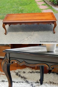 an old coffee table has been painted black and is being used as a side table