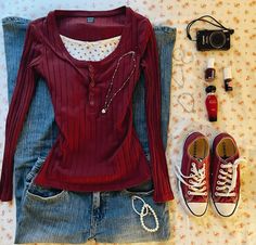 School Appropriate Fall Outfits, Red Henley Outfit, Styling A Red Shirt, Red Hair Fall Outfits, 2000s Layering Outfits, Cherry Cola Aesthetic Outfits, Dark Red Clothes Aesthetic, Wine Red Outfit Ideas, Dark Red Converse Outfit