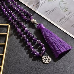 Amethyst Mala Beads Mala Design Jewellery, Spiritual Balance, Meaningful Necklace, Knotted Mala, Meditation Prayer, Mala Bead Necklace, Mala Meditation, Sri Yantra, Bracelet Apple Watch