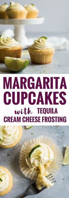 margarita cupcakes with tequila cream cheese frosting and lime wedges on the side