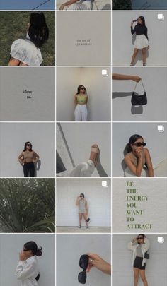 many different pictures of women in white outfits and black shoes, with the caption'be energy you want to attract '