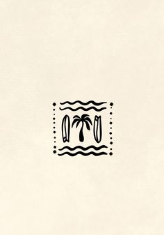 a black and white drawing of a palm tree in the middle of water with two surfboards on it