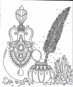 an ornate vase with a feather on it and some plants in the foreground, coloring page