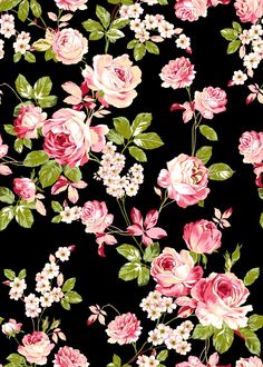 a black background with pink roses and white flowers on it's sides, all in different sizes