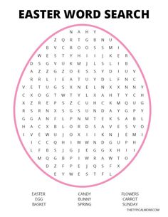 an easter word search is shown in the middle of a circle with words below it