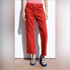 Nwt Zara Mid Rise Straight Size 8 Never Worn Nwt Zara Mid Rise Straight Size 8 Never Worn Pockets Raw Hem Buttons Waist 14.5” Rise 10” Inseam 28” Please Check On The Measurements Straight Leg Red Jeans, Zara Jeans, Mid Rise, Straight Leg, Women Jeans, Zara, Customer Support, Fast Delivery, Full Service