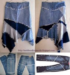 two pictures showing different ways to make a skirt out of old jeans and other items