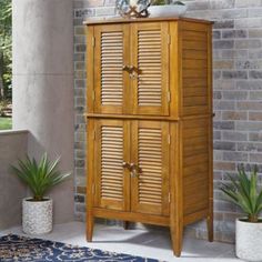 a tall wooden cabinet sitting next to a brick wall and potted plant in front of it