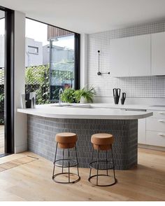 two stools in front of an island counter