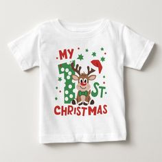 My First Christmas Typography Cute Reindeer Baby Girl Baby Boy Baby T-shirt features the text "My 1st Christmas" in modern script typography accented with a cute reindeer with a Santa hat on his antlers. Perfect Christmas gift for a baby girl or baby boy. Created by Evco Studio www.zazzle.com/store/evcostudio Baby First Christmas Shirts Vinyl, Christmas Antlers, My 1st Christmas, Christmas Typography, Cute Reindeer, Script Typography, My First Christmas, Baby T Shirt, Babies First Christmas